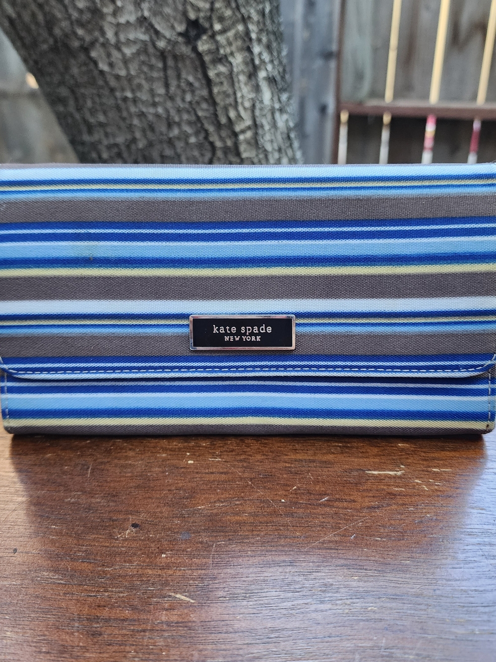 Kate Spade New York Striped Continental Wallet Blue Gray Fabric Clutch